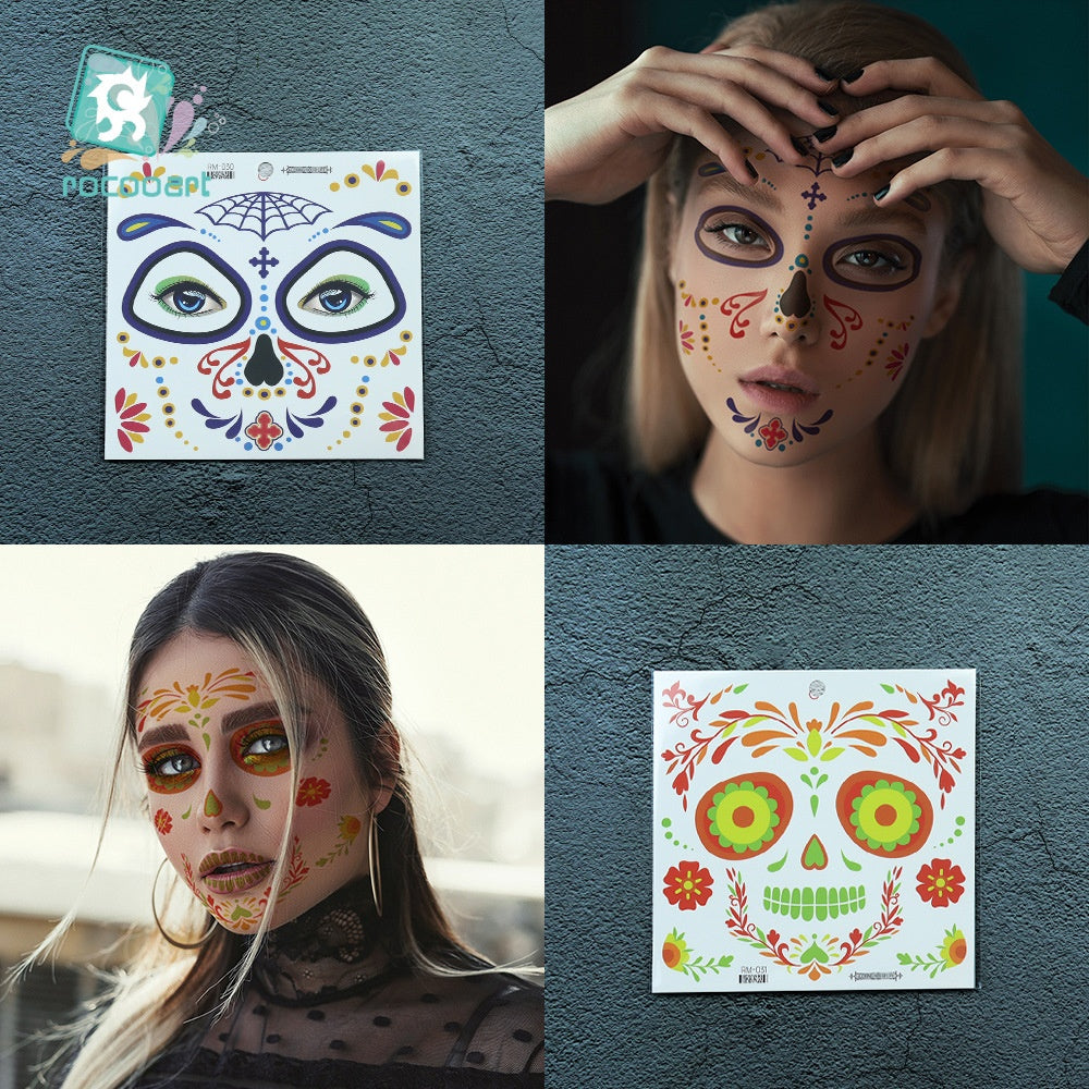 Halloween Day Of The Dead Flower Face Tattoo Stickers, Sugar Skull Party Makeup Face Decals