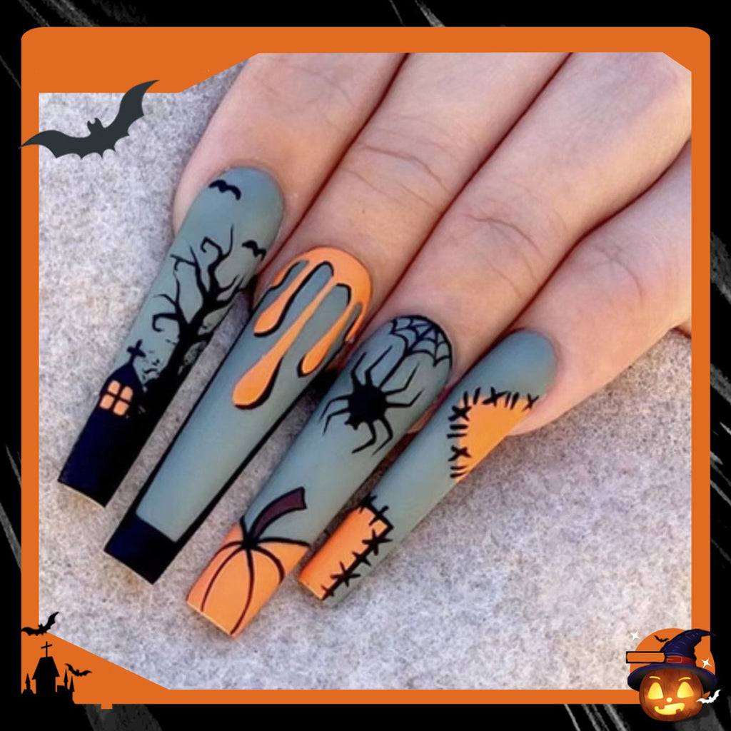 Halloween Long Coffin Press On Nails, White French Blood Drip False Nails Removable