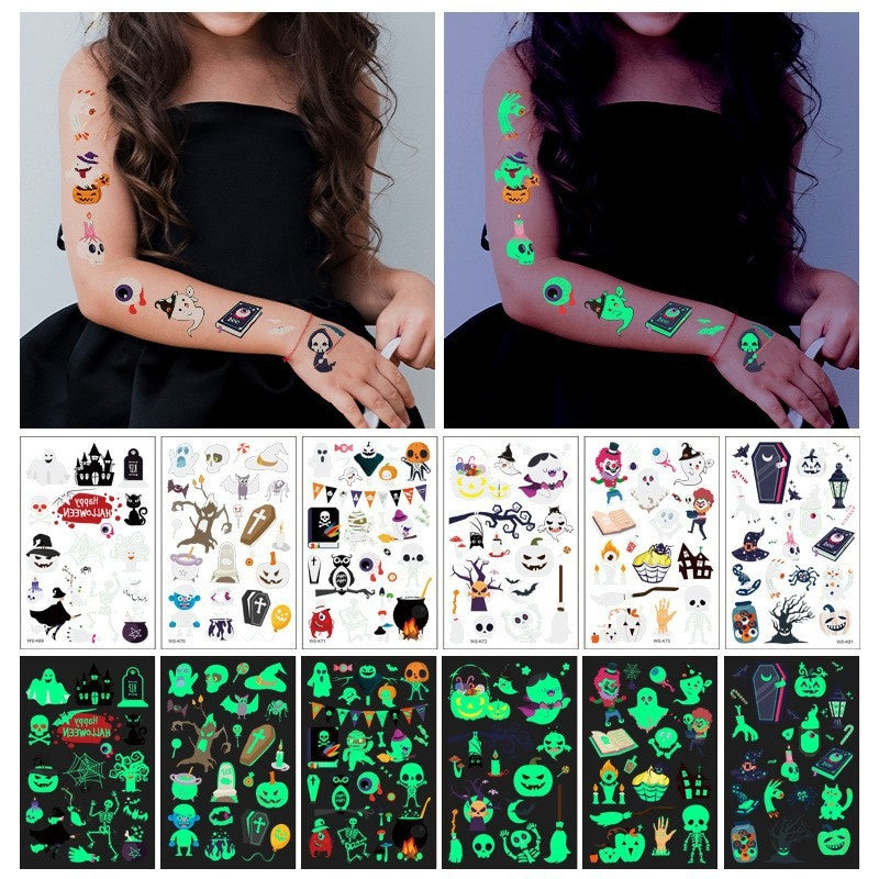 Halloween Glow in the Dark Cartoon Face Tattoos, Waterproof Fluorescent Green Kids Stickers