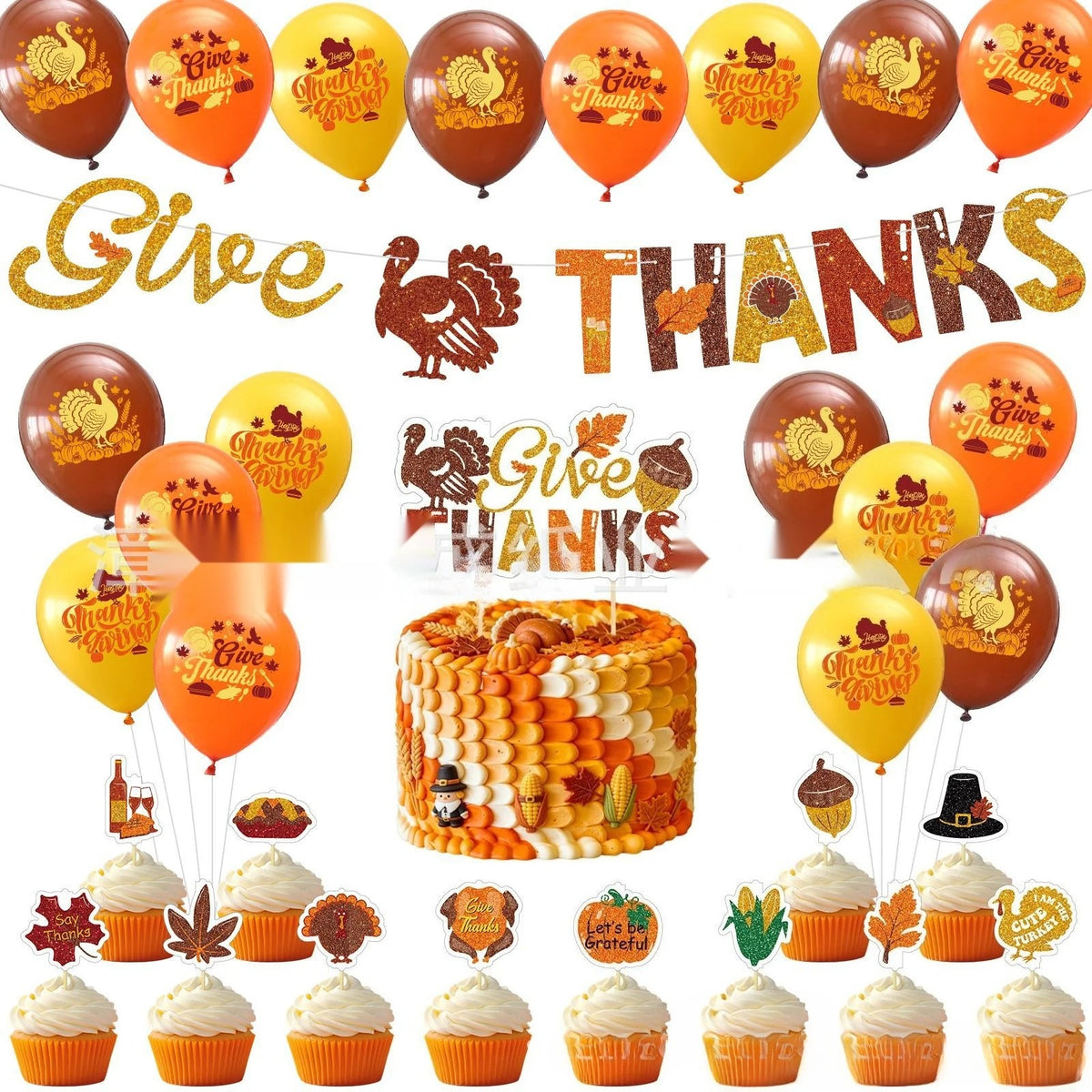 Thanksgiving Party Decoration Kit Banner Bunting Balloons Turkey Honeycomb Tabletop Decor Set