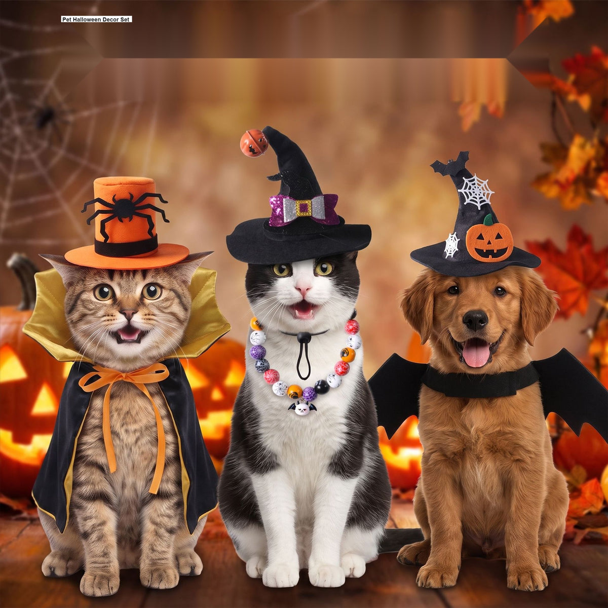 Pet Halloween Costume Set Witch Hat Cape Accessories Full Cat Dog Outfit Party Decor