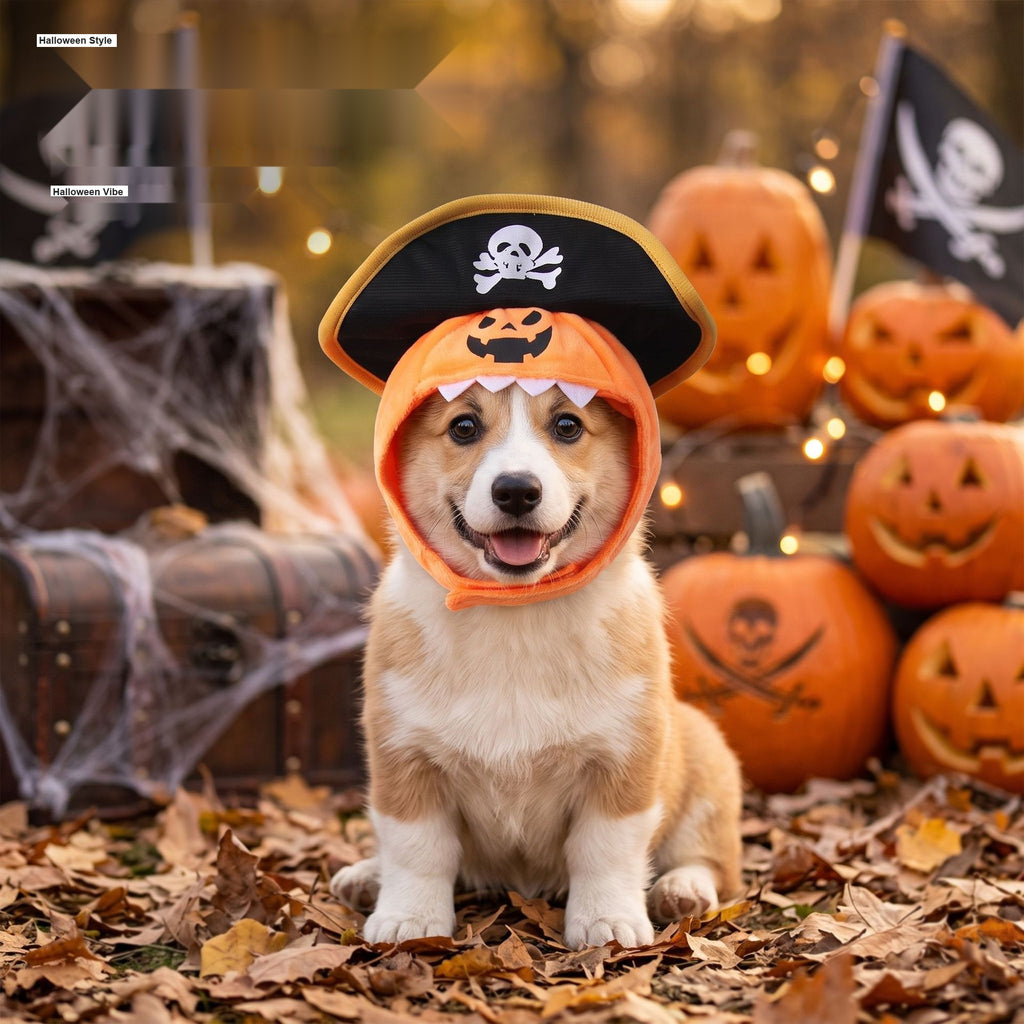 Pirate Pumpkin Pet Costume Hood, Double Layer Skull Hat for Small Dogs and Cats Halloween