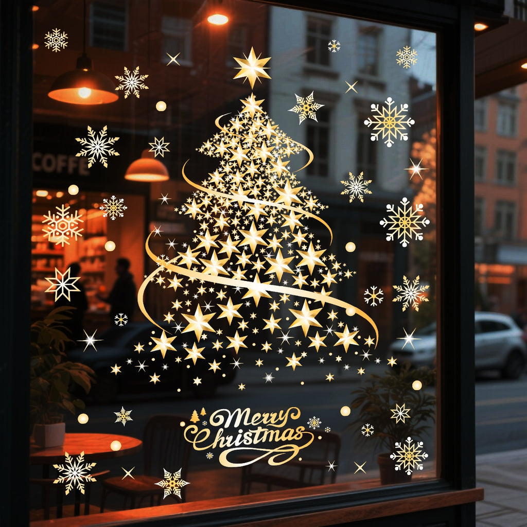 Gold Silver Christmas Tree Snowflake Window Stickers, Static Cling Glass Decals for Storefront