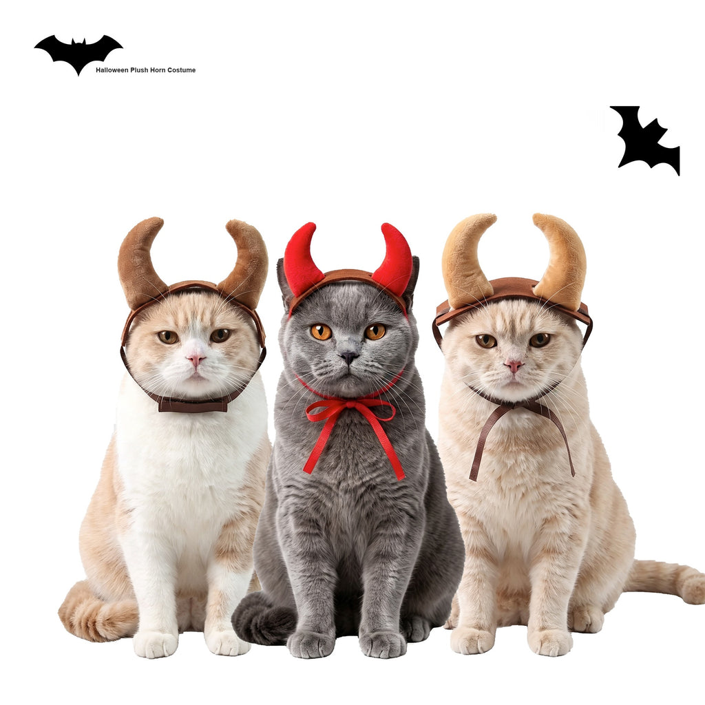 Halloween Pet Devil Horns Headband, Red Brown Fluffy Horn Headpiece for Cats and Dogs