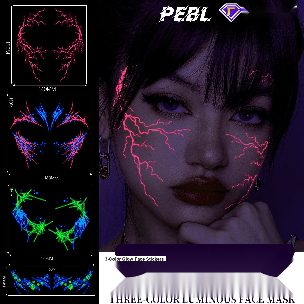 Halloween Glow In The Dark Face Tattoos 3 Colors, Fluorescent Lightning Full Face Stickers For Cosplay Party