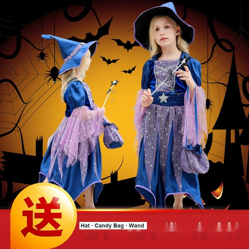 Kids Halloween Vampire Witch Costume, Girls Wizard Cape With Puff Sleeves For Masquerade Party