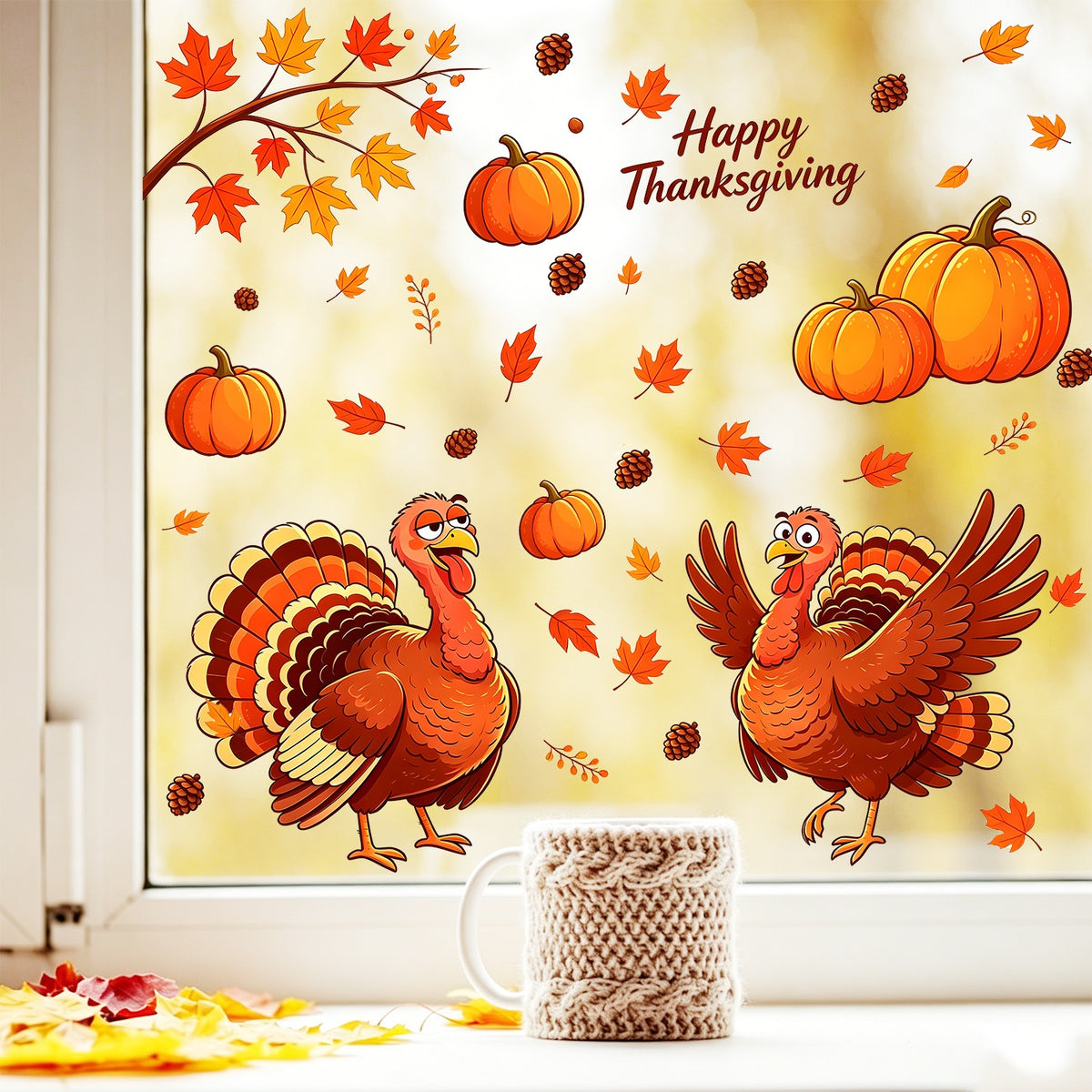 Thanksgiving Cartoon Turkey Window Clings Static Cling Sticker Set Living Room Glass Decorations