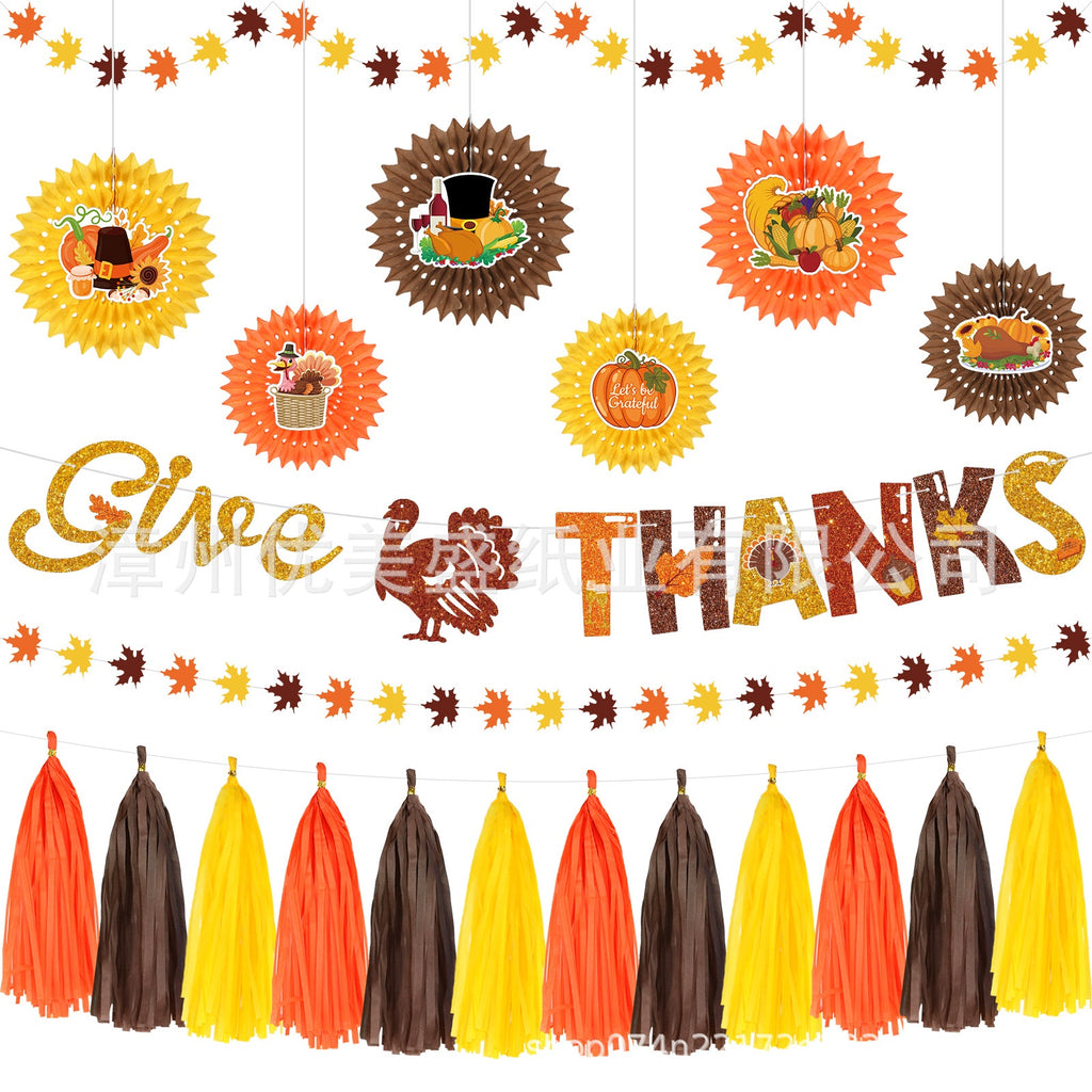 Thanksgiving Party Decoration Kit Banner Bunting Balloons Turkey Honeycomb Tabletop Decor Set