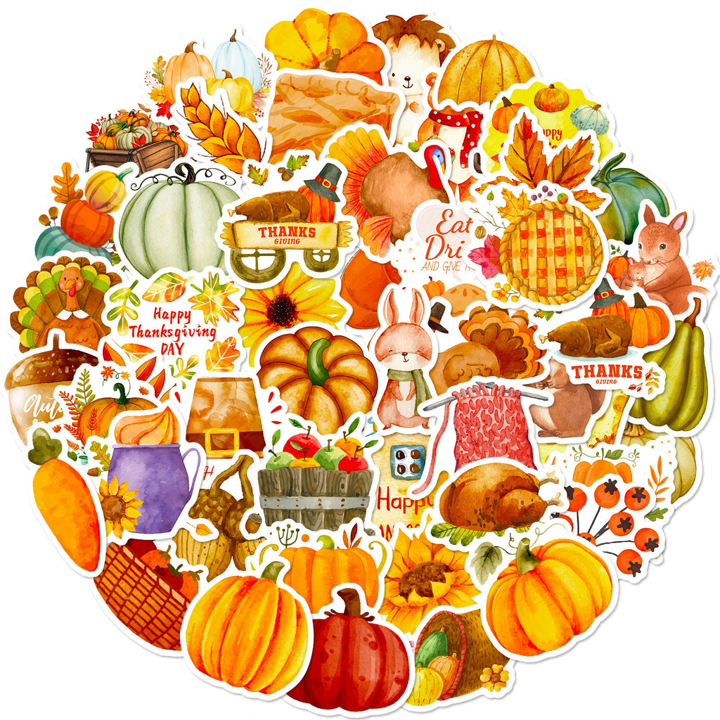 50 Pack Thanksgiving Stickers, Pumpkin Turkey Maple Leaf Autumn Holiday Decals