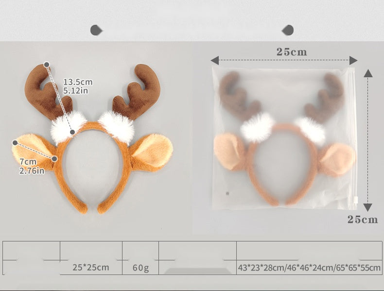 Deer Ear Antler Headband, Moose Hair Hoop for Christmas Party Performance Costume Props