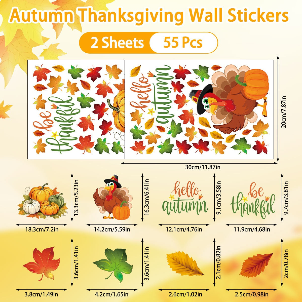Thanksgiving Window Clings Pumpkin Maple Leaf Turkey Static No Residue Glass Stickers