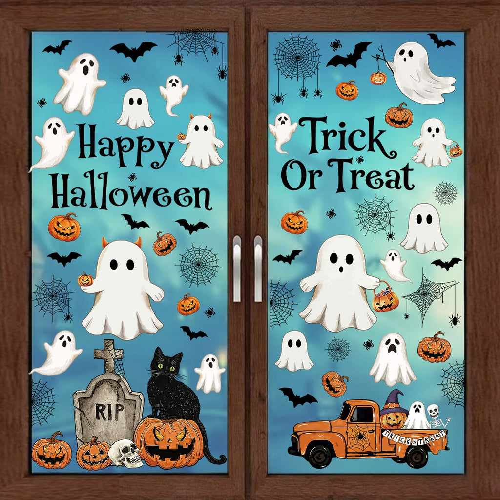 Halloween Cute Cartoon Window Clings, Ghost Pumpkin Bat Black Cat PVC Glass Stickers