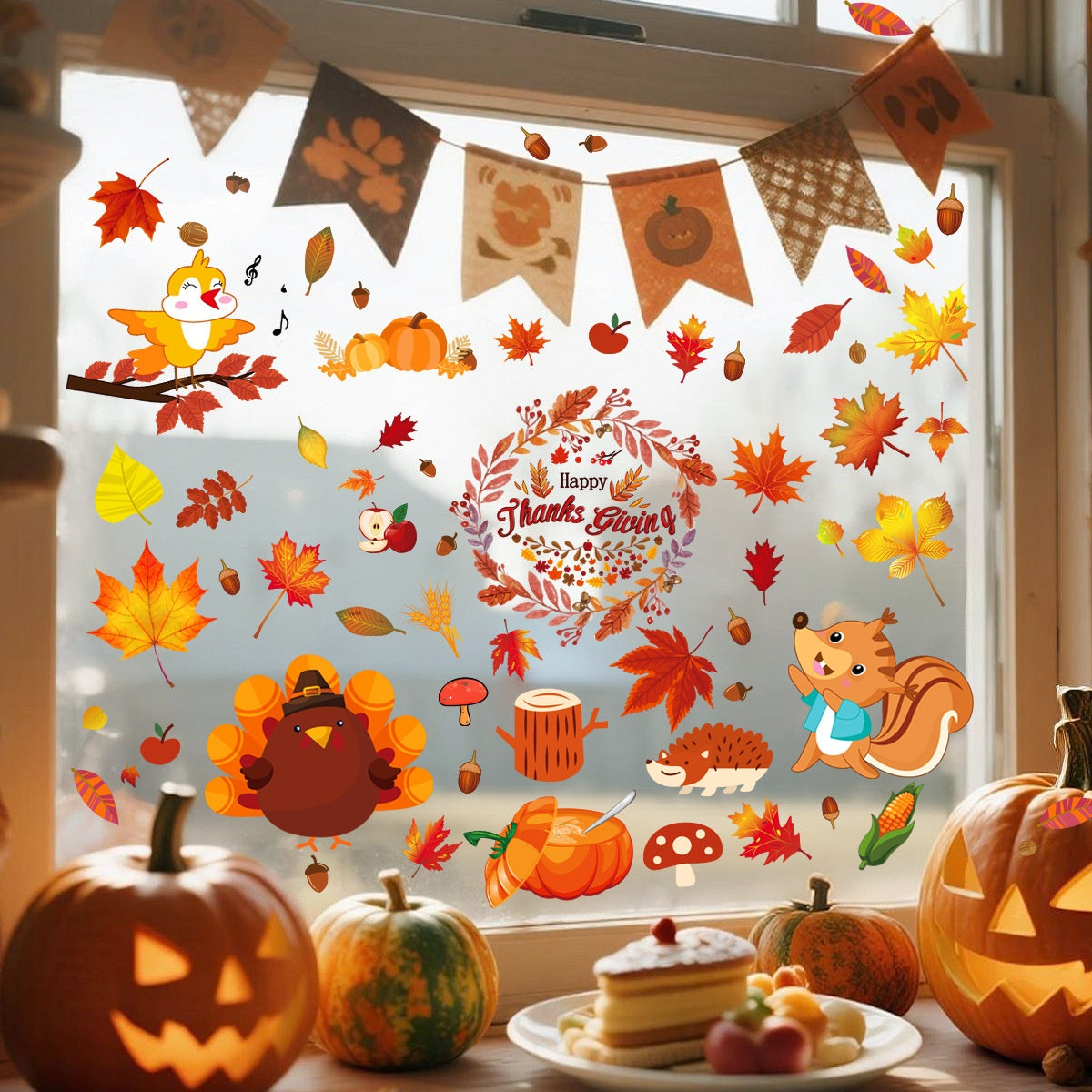 Thanksgiving Fall Maple Leaf Window Clings Turkey Static Glass Stickers Seasonal Decor