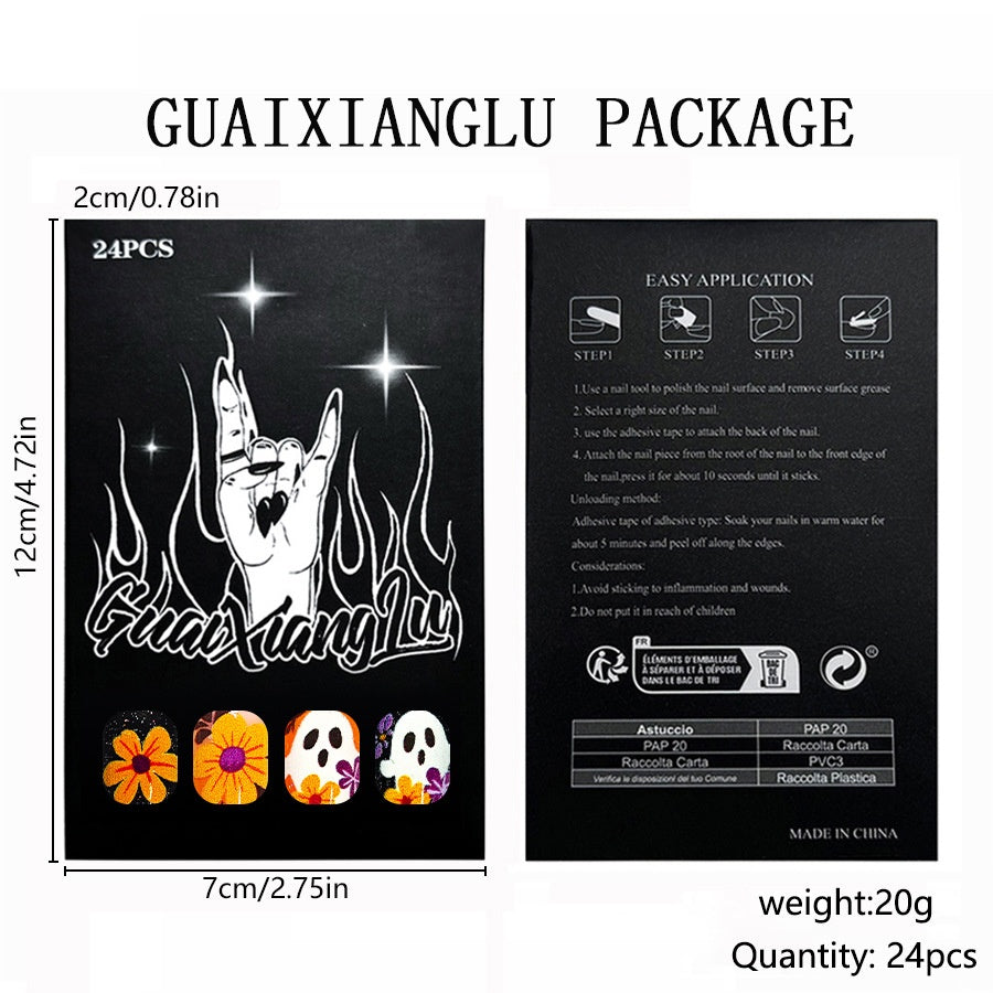 Medium Shiny Almond Halloween Press On Nails 24 Pcs, Orange Ghost Spider Web Flower Pattern False Nails