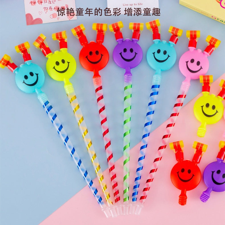 Large Party Blowout Horns with Smiley Face, Funny Blow Out Whistle Toys for Kids Party Favors