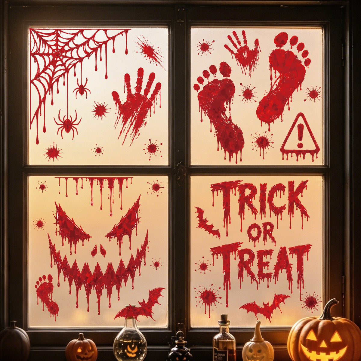 Halloween Blood Handprint Footprint Static Window Stickers, Skull Eyeball Glass Decals For Haunted House Party