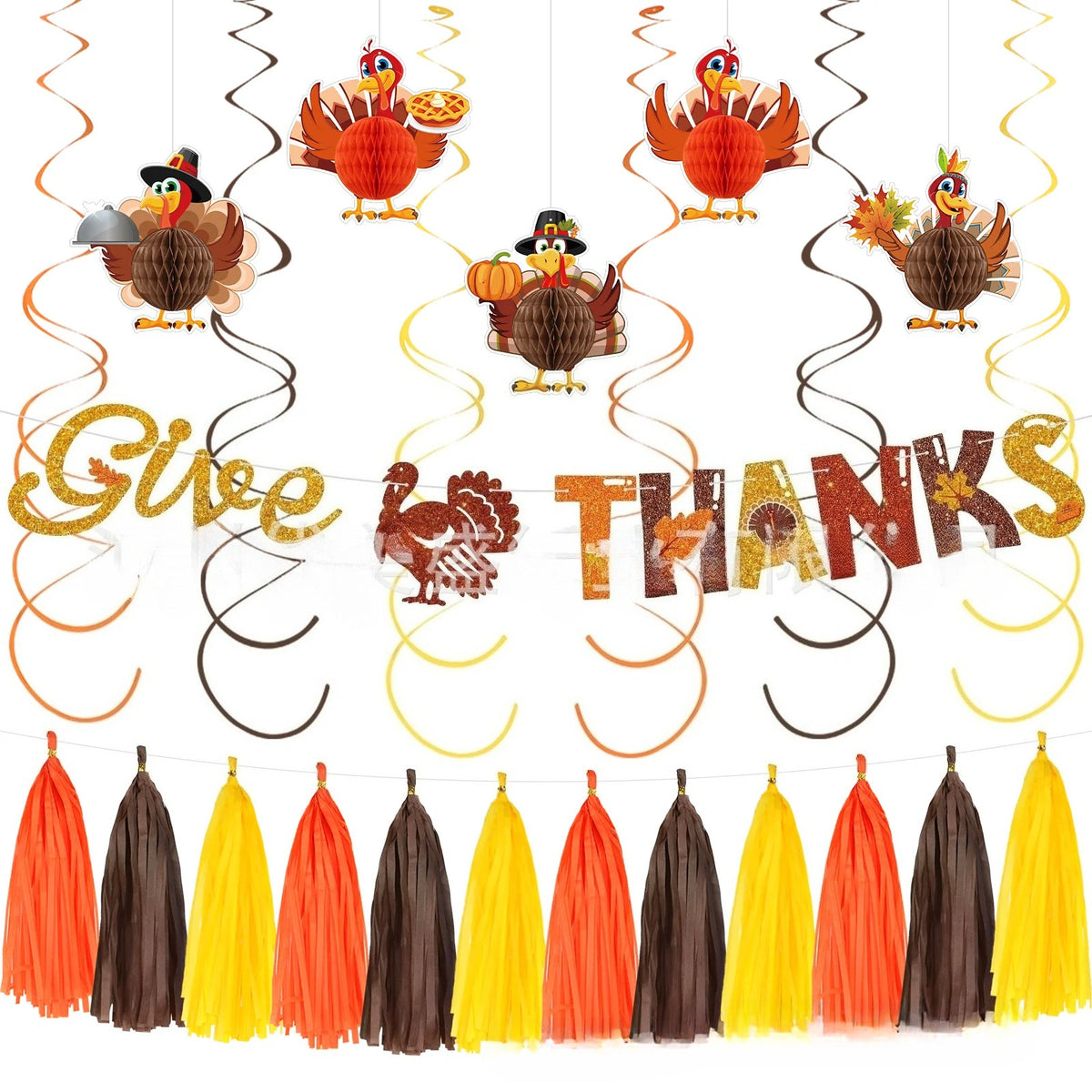 Thanksgiving Party Decoration Kit Banner Bunting Balloons Turkey Honeycomb Tabletop Decor Set