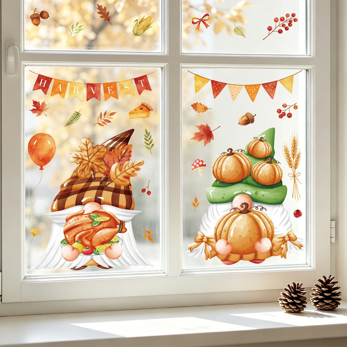 Fall Thanksgiving Static Window Stickers, Gnome Turkey Pumpkin Maple Leaf No Glue Glass Decals For Storefronts