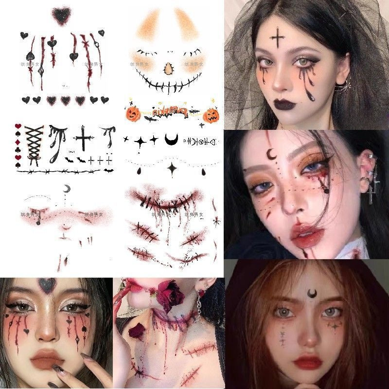 Halloween Face Tattoos Set, Nun Devil Scar Clown Cute Pumpkin Temporary Stickers