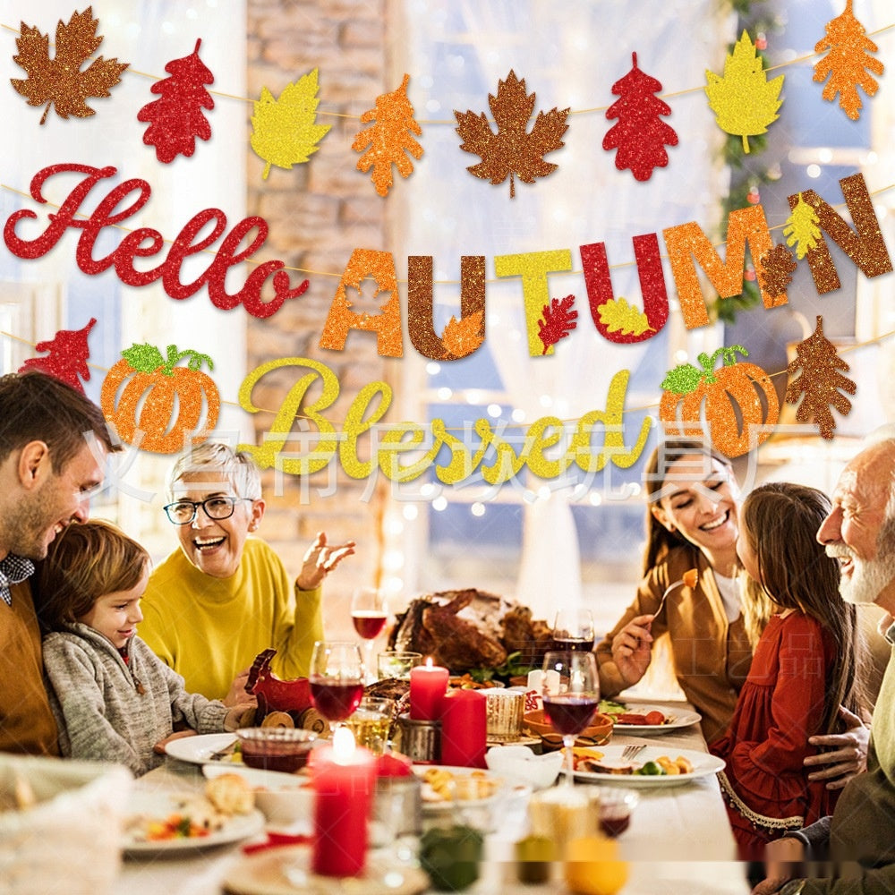 Hello Autumn Give Thanks Blessed Banner, Fall Thanksgiving Harvest Party Decor