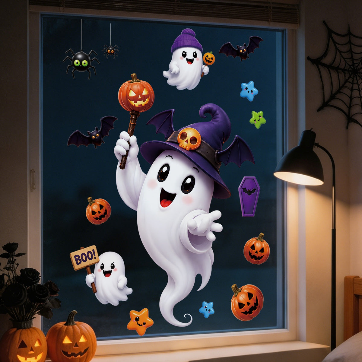 Halloween Cute Ghost Pumpkin Bat Window Clings, No Glue Removable Glass Stickers
