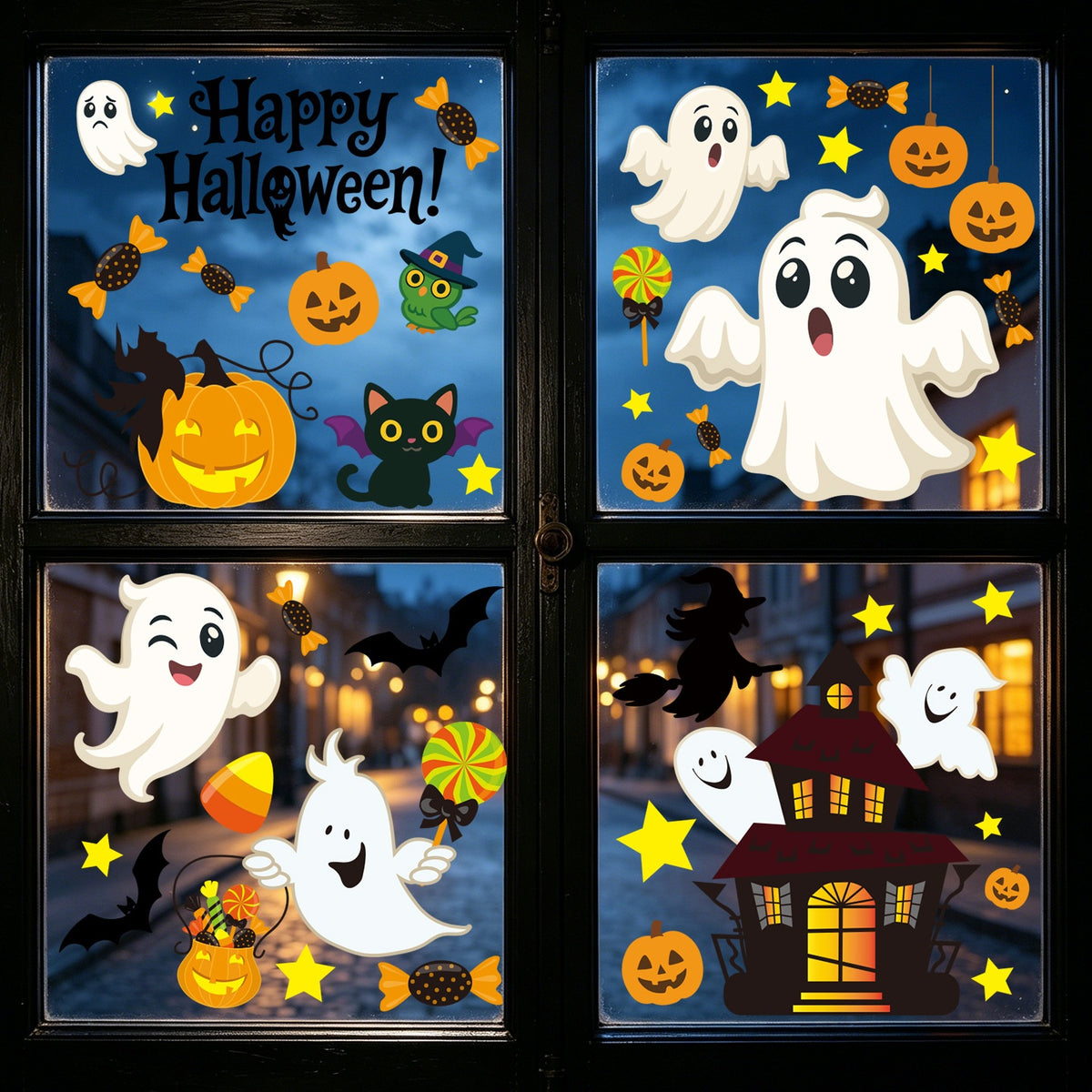 Cute Halloween Ghost Static Window Stickers, Pumpkin Witch Candy Black Cat Glass Decals For Haunted House Decor