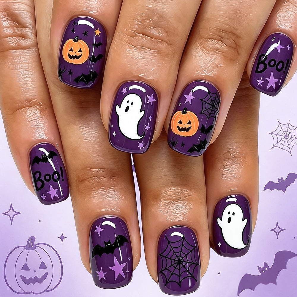 Halloween Press On Nails 24 Pcs, Ghost Spider Web Pumpkin Pattern Sweet Cool False Nails