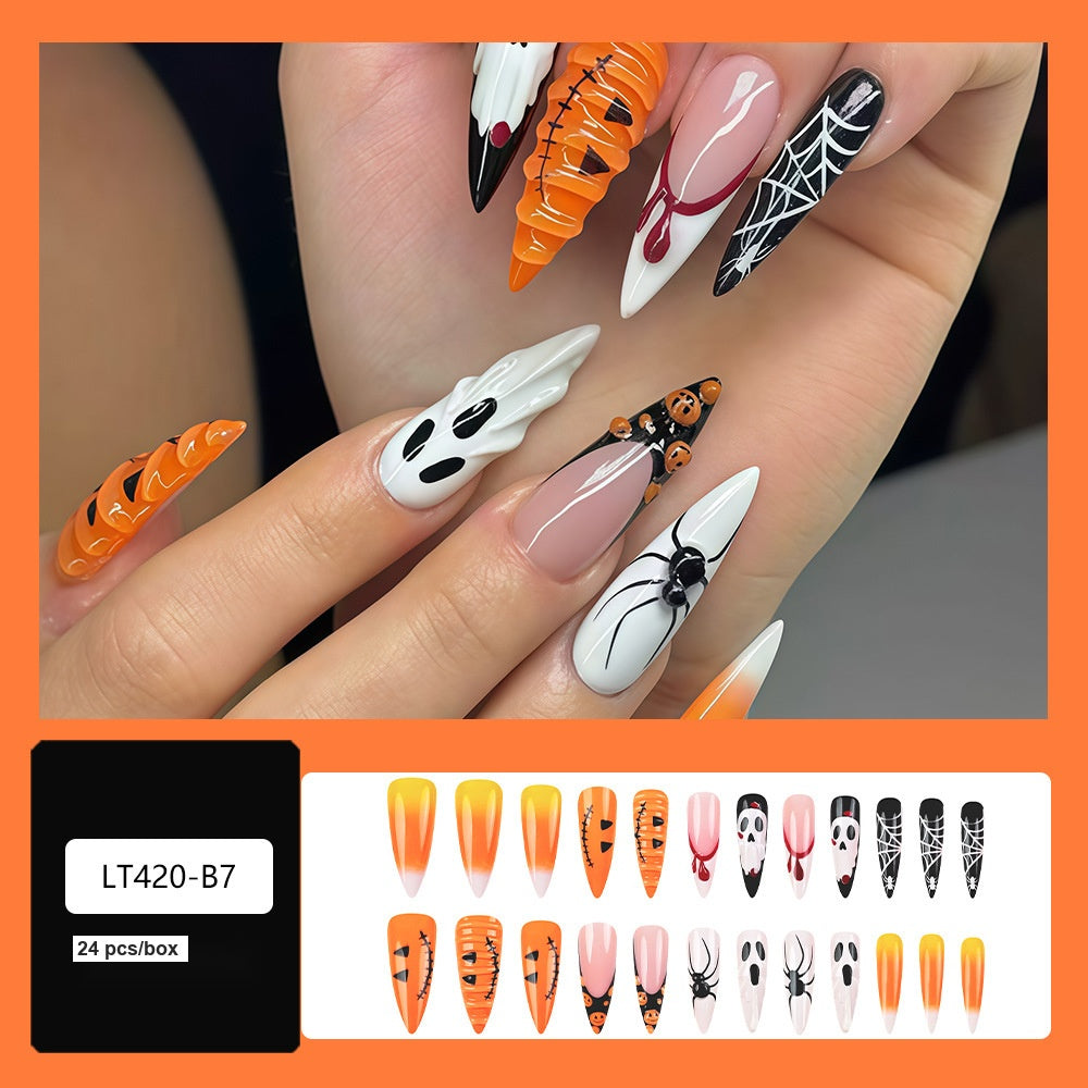 Halloween 3D Press On Nails 24 Pcs, Pumpkin Spider Hot Girl False Nails For Party Look