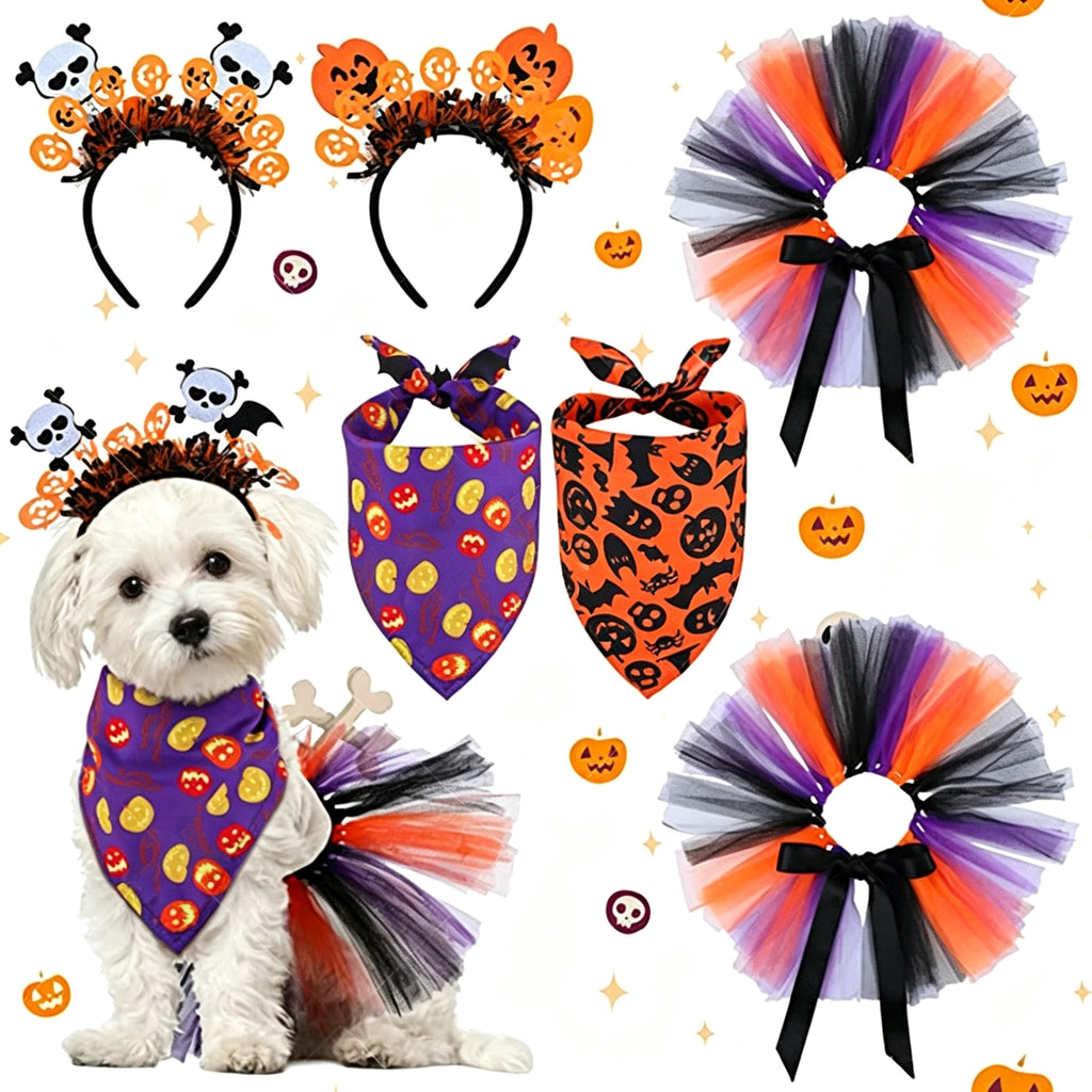 Pet Halloween Tulle Skirt and Bandana Set, Pumpkin Skull Headband Costume for Dogs