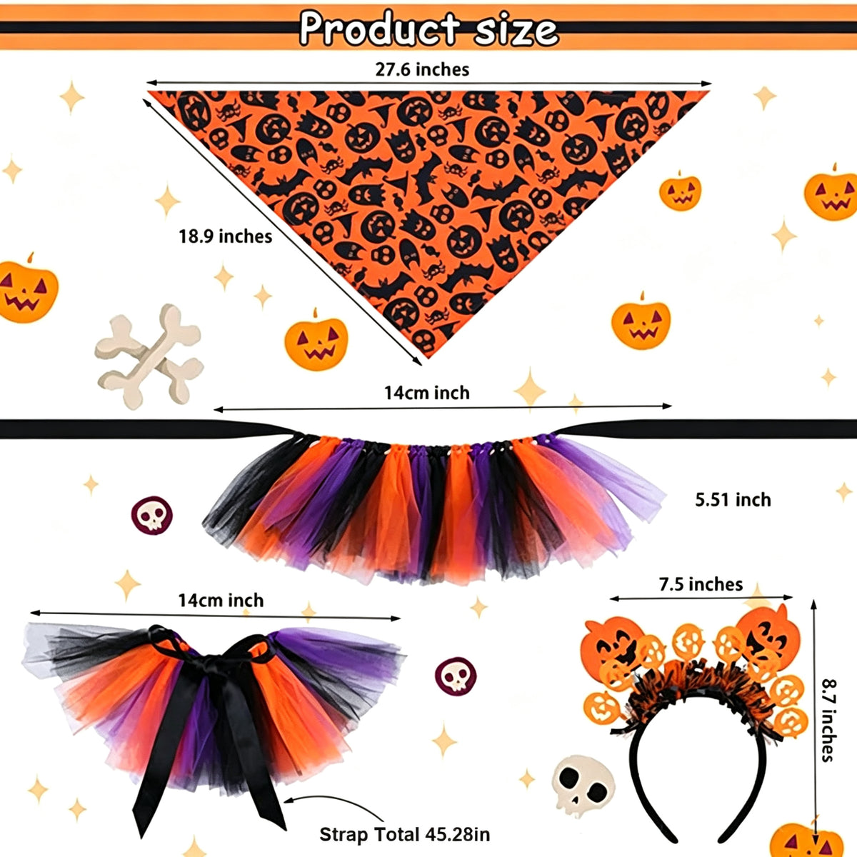 Pet Halloween Tulle Skirt and Bandana Set, Pumpkin Skull Headband Costume for Dogs