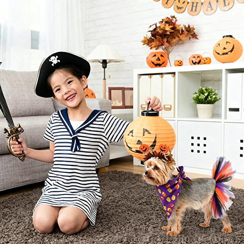 Pet Halloween Tulle Skirt and Bandana Set, Pumpkin Skull Headband Costume for Dogs