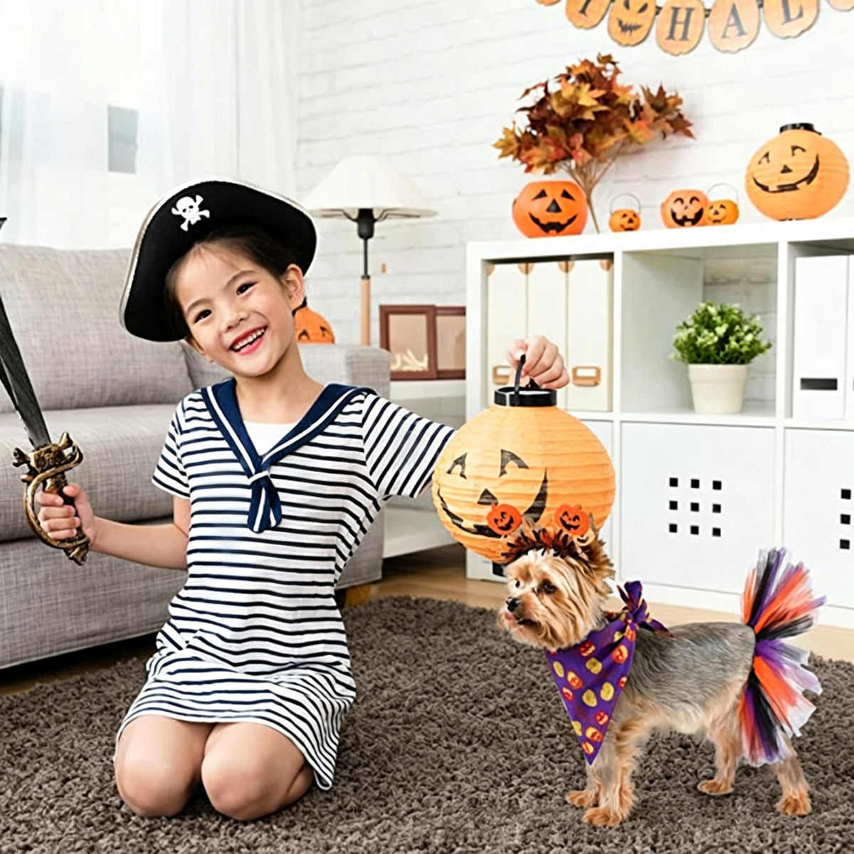 Pet Halloween Tulle Skirt and Bandana Set, Pumpkin Skull Headband Costume for Dogs