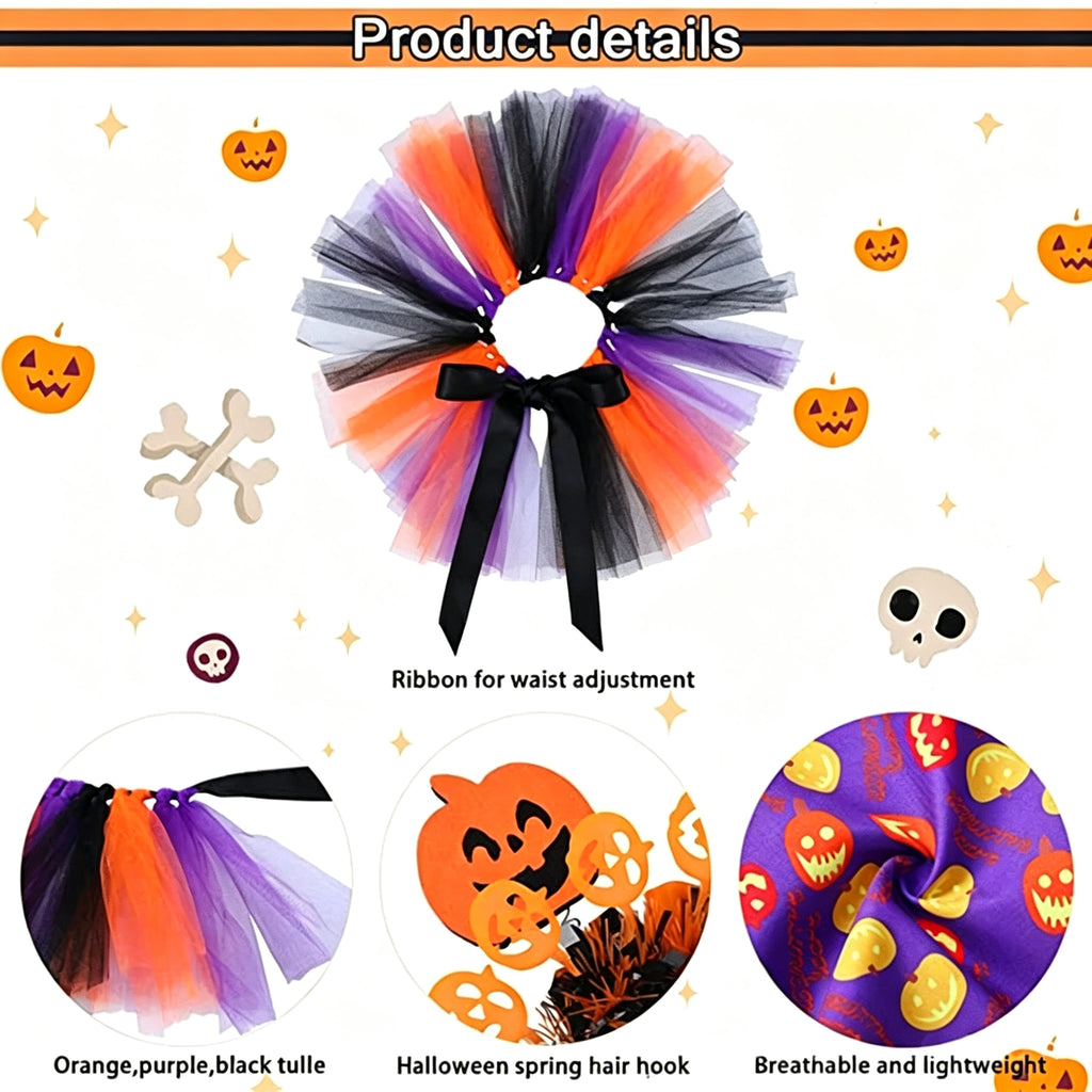 Pet Halloween Tulle Skirt and Bandana Set, Pumpkin Skull Headband Costume for Dogs