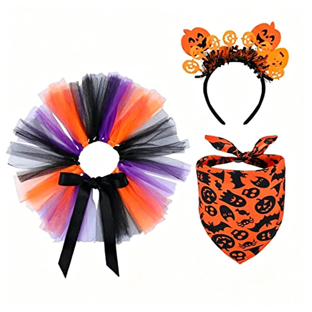 Pet Halloween Tulle Skirt and Bandana Set, Pumpkin Skull Headband Costume for Dogs