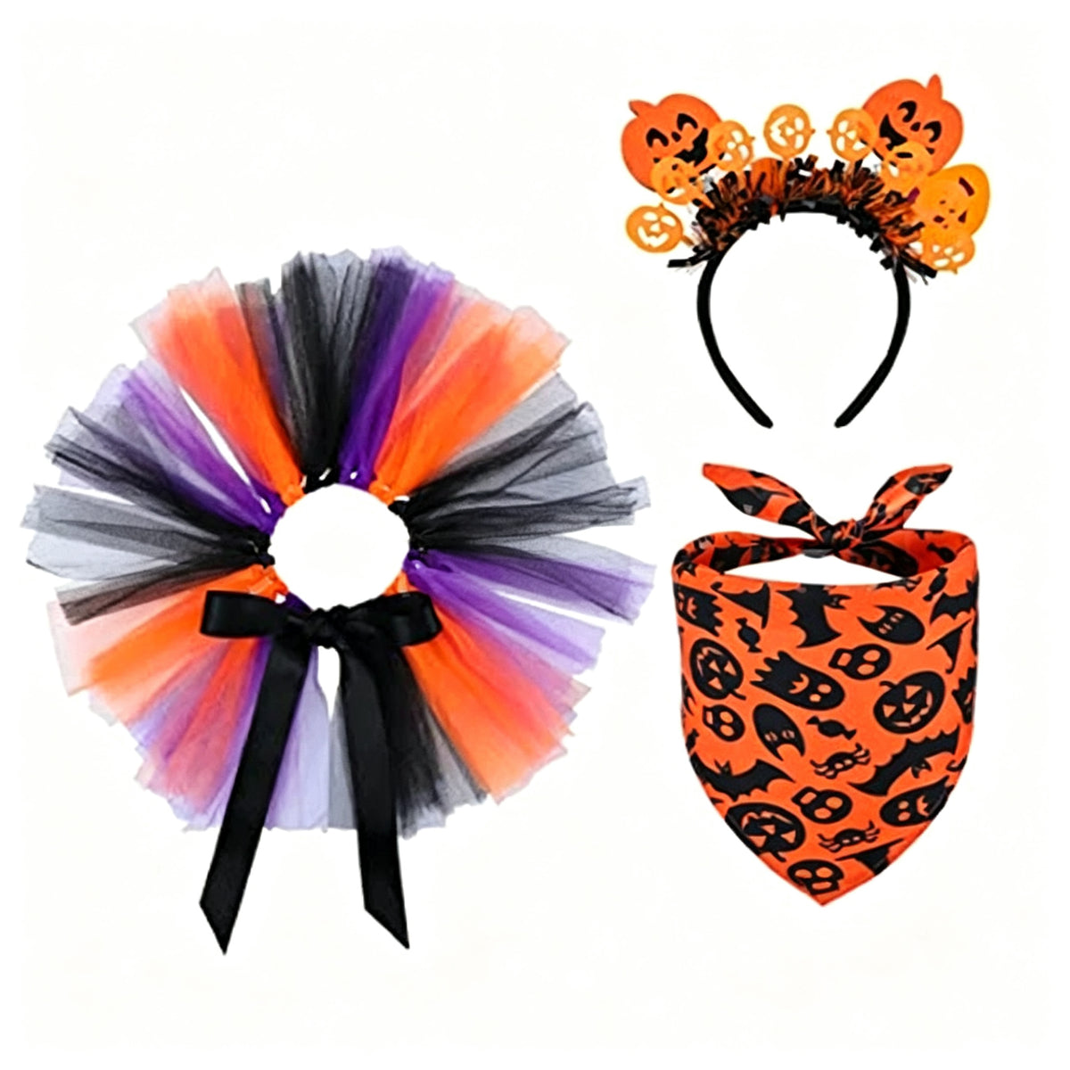 Pet Halloween Tulle Skirt and Bandana Set, Pumpkin Skull Headband Costume for Dogs