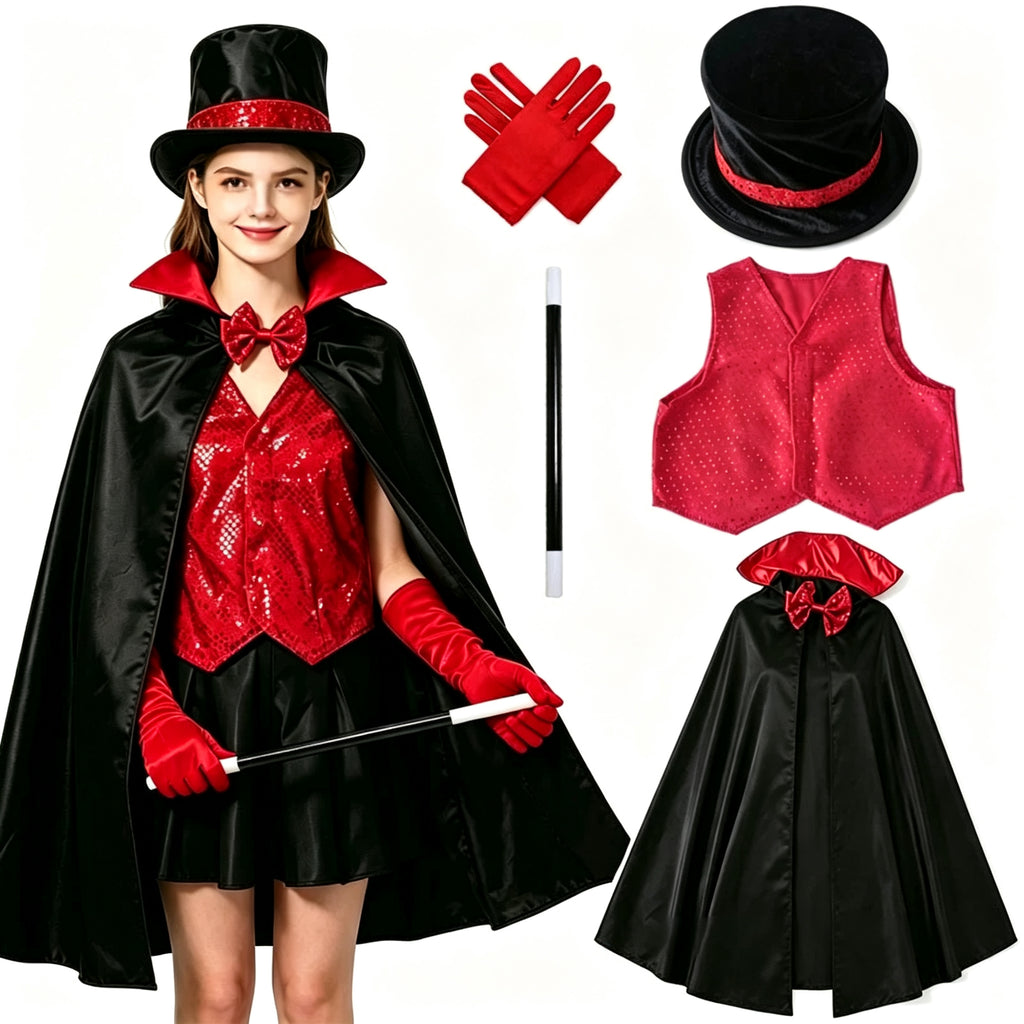 Kids Halloween Magician Vampire Costume Set, Cape Vest And Top Hat For Stage Role Play Dress Up