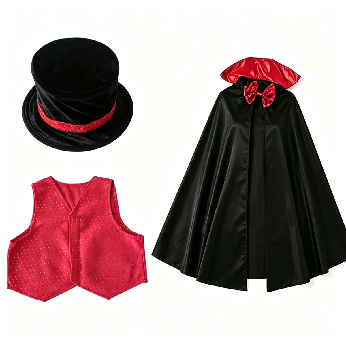 Kids Halloween Magician Vampire Costume Set, Cape Vest And Top Hat For Stage Role Play Dress Up